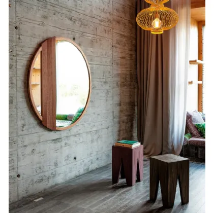 Specchio Zero 16 Rotondo con cornice e decorazione i Rovere massello di Devina Nais