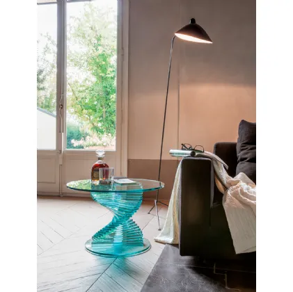 Tavolino in vetro Ariel con base a spirale di Tonin Casa