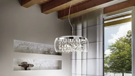 Lampada a sospensione Audi 80 sp8 in vetro soffiato trasparente con elementi decorativi con sfere di vetro su fili di metallo di Ideal Lux