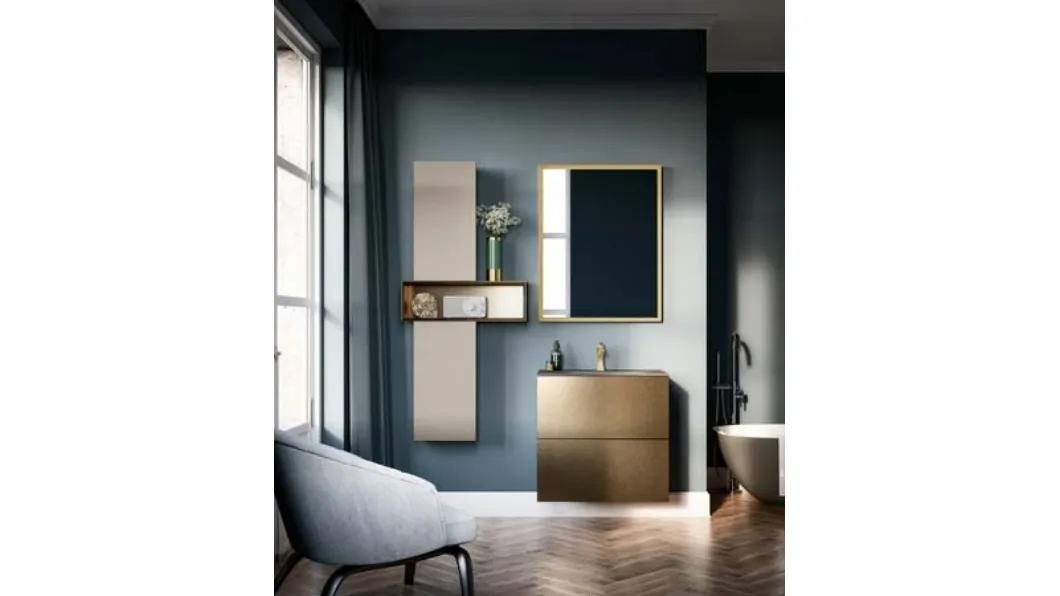 Mobile da Bagno sospeso in laccato metallico e top in vetro grigio seta sabbiato Hosoi 01 di Birex