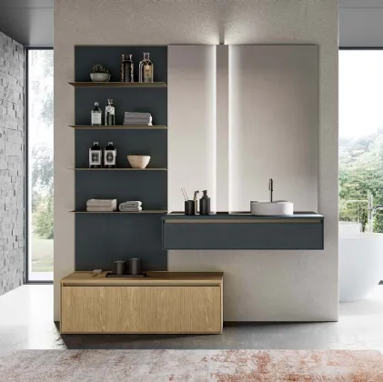 Mobile da Bagno sospeso in laccato opaco grigio antracite e canneté essenza rovere naturale Traccia 06 di Birex