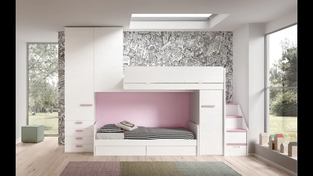 Camera finitura Bianco e Rosa con soppalco Room 171 di Zg Mobili