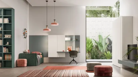 Cameretta componibile in laccato e melaminico con angolo studio sospeso Start T05 di Clever