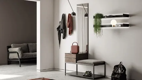Mobile ingresso con specchiera in rovere e metallo con piano in gres effetto marmo Domì 02 di Birex
