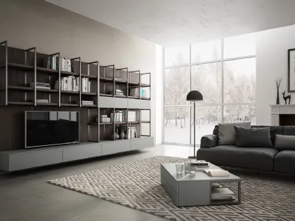 Parete Attrezzata sospesa in laccato opaco grigio e Noce bruno Living 03 di Arredo3