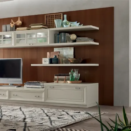 Parete Attrezzata MU454 con Boiserie Noce e finitura mobile Panna di Maronese Acf