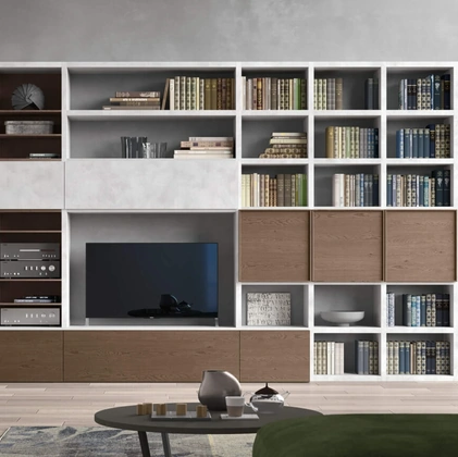 Parete Attrezzata Sistema Spalla Comp SA2222 in melaminico cemento Grigio e impiallacciato Nocciola di Maronese