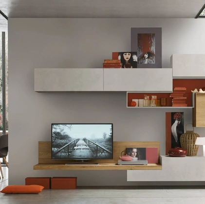 Parete Attrezzata Unix Comp SU2224 Melaminico cemento Bianco e Impiallacciato Miele di Maronese