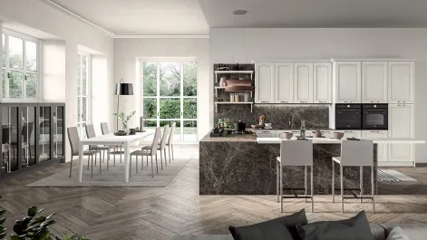 Cucina Classica angolare con penisola in legno di Frassino laccato Bianco a poro aperto e laminato effetto marmo Emma di Arredo3