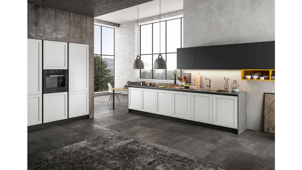 Cucina Classica lineare in Pet opaco Bianco, pensili in laccato Nero e top in laminato Grigio Frame di Arredo3