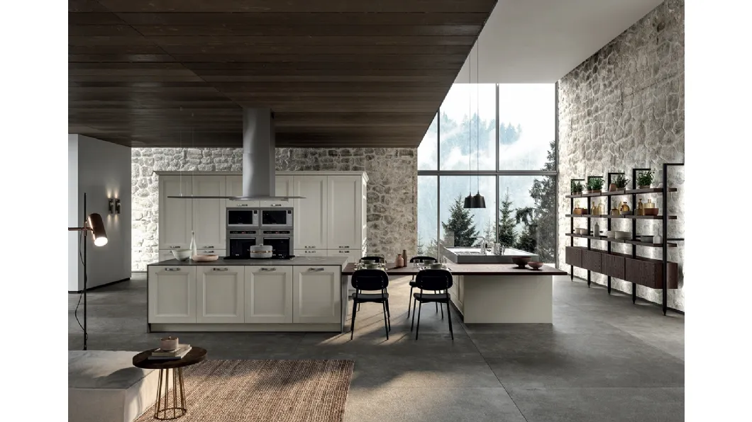 Cucina Classica angolare Gioiosa in legno di Frassino laccato Nebbia a poro aperto e top in laminam Pietra Grey di Arredo3