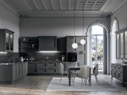 Cucina Classica angolare in laccato opaco Grigio e top in laminam Nero Greco Meg di Arredo3