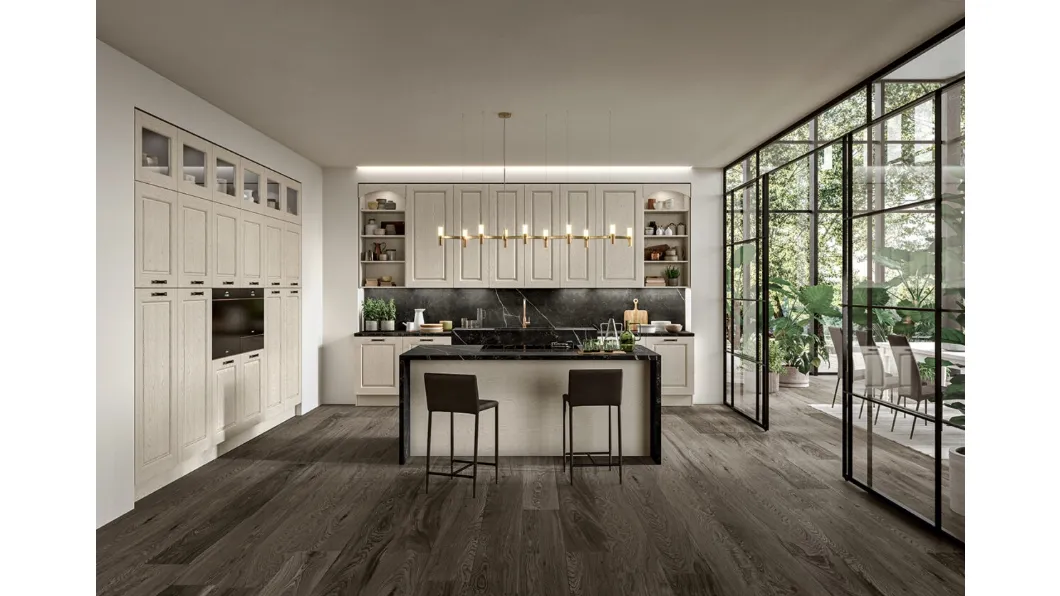 Cucina Classica con isola in legno di Frassino finitura Juta decapè e top in Dekton Verona di Arredo3