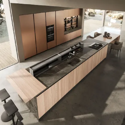 Cucina Design lineare in olmo naturale con top in marmo pietra grey Ak 04 04 di Arrital