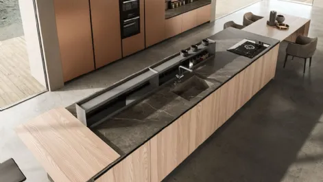 Cucina Design lineare in olmo naturale con top in marmo pietra grey Ak 04 04 di Arrital