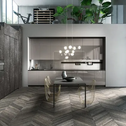 Cucina Design lineare in vetro lucido grigio londra con top in acciaio inox vintage Ak 04 05 di Arrital