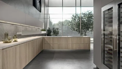 Cucina Design angolare in impiallacciato olmo con top in gres diamond cream Ak 05 TailorMade 03 di Arrital