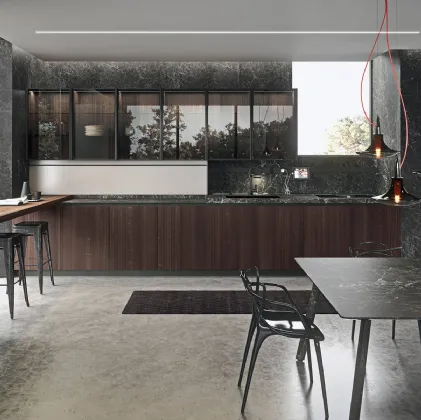 Cucina Design lineare in impiallacciato Eucalipto fumè e top in gres nero Greco Ak 05 TailorMade 05 di Arrital