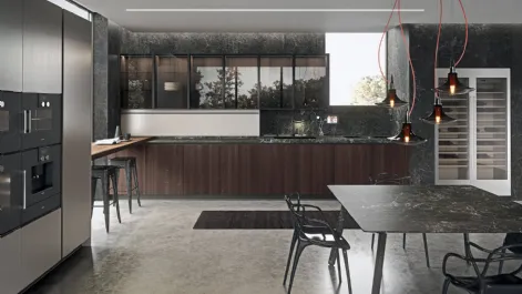Cucina Design lineare in impiallacciato Eucalipto fumè e top in gres nero Greco Ak 05 TailorMade 05 di Arrital