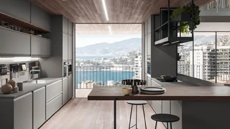 Cucina Design in laccato grigio Londra e top in Gres Piasentina Grigia con isola e penisola in castagno spazzolato Ak 07 06 di Arrital
