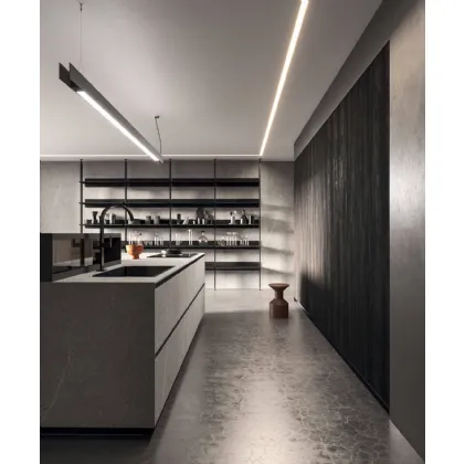 Cucina Design lineare in melaminico materico e termostrutturato con top in laminato HPL Ak Project 04 di Arrital