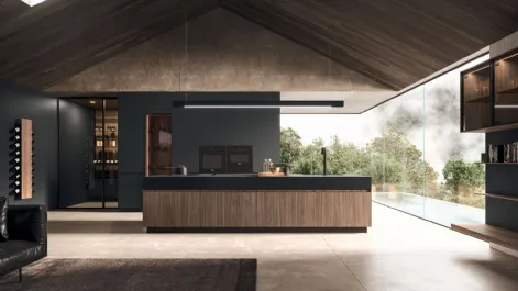 Cucina Design lineare in melaminico termostrutturato sabbiato Noce e top in Fenix nero Ak Project 05 di Arrital