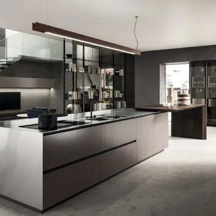 Cucina Design lineare in laccato metal brown e rovere spazzolato con top in acciaio inox satinato Ak Project 06 di Arrital