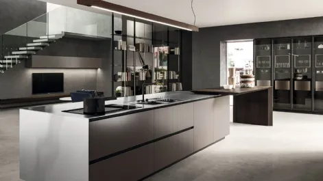 Cucina Design lineare in laccato metal brown e rovere spazzolato con top in acciaio inox satinato Ak Project 06 di Arrital