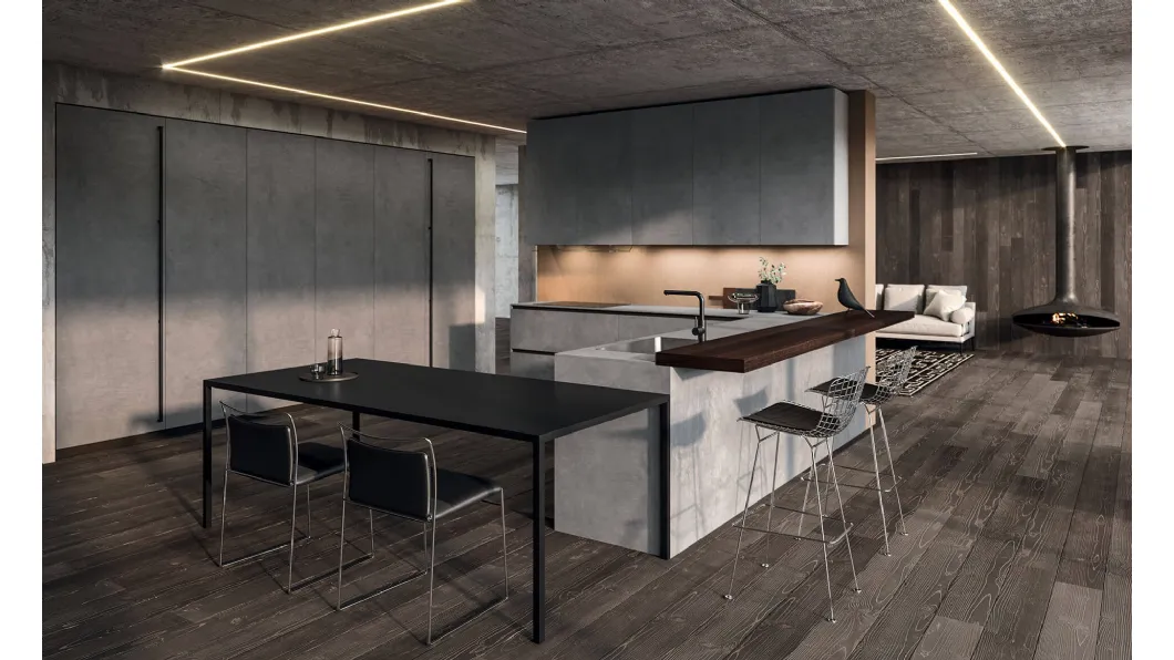 Cucina Design angolare in melaminico termostrutturato con penisola e top in laminato HPL Ak Project 07 di Arrital