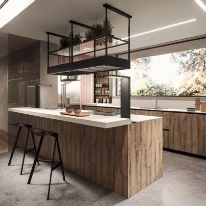 Cucina Design lineare in melaminico termostrutturato sabbiato rovere e top in laminato HPL seta Ak Project 08 di Arrital