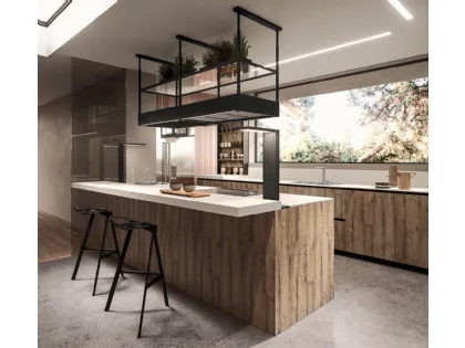 Cucina Design lineare in melaminico termostrutturato sabbiato rovere e top in laminato HPL seta Ak Project 08 di Arrital
