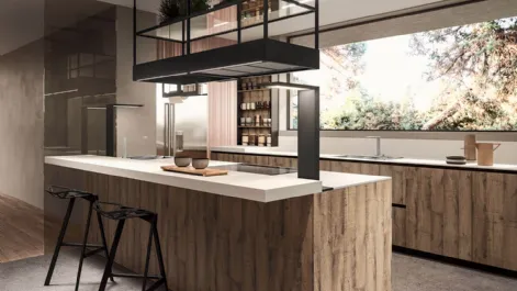 Cucina Design lineare in melaminico termostrutturato sabbiato rovere e top in laminato HPL seta Ak Project 08 di Arrital