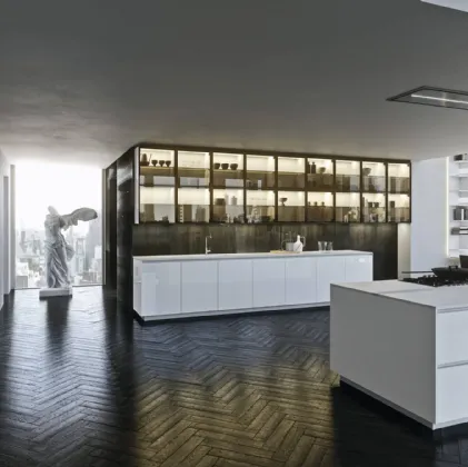 Cucina Design in laccato bianco puro lucido e top in agglomerato di quarzo bianco con isola Ak Project 10 di Arrital