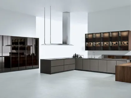 Cucina Design angolare in Fenix Bronzo con bancone in impiallacciato Noce Canaletto AkB 08 03 di Arrital