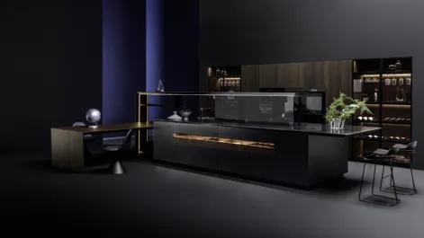 Cucina Design lineare Nautila 01 in laccato Texture 3d sand nero con top in acciaio inox di Arrital