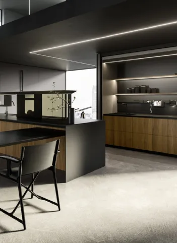 Cucina Design lineare in impiallacciato Eucalipto fumè e top in gres nero Greco Ak 05 TailorMade 05 di Arrital