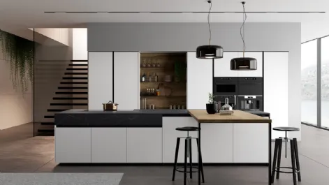 Cucina Moderna Glass 2 0 in vetro opaco bianco puro con penisola in laminato Noce Imperial di Arredo3