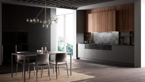 Cucina Moderna Kalì in laccato Lavagna opaco e laminato Noce America con top e schienali in laminato Pietra nera di Arredo3