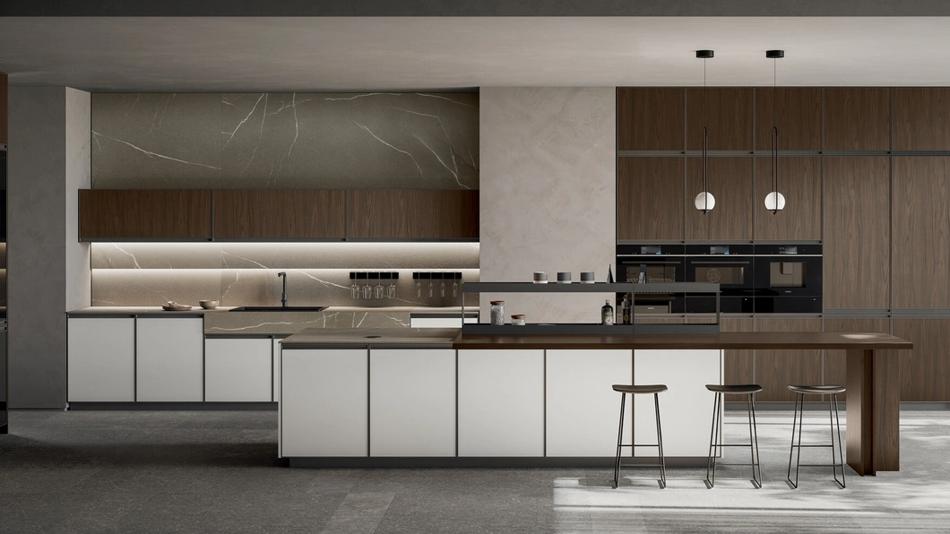 Cucina Moderna con isola Kronos 02 in pet bianco e laminato noce di Arredo3