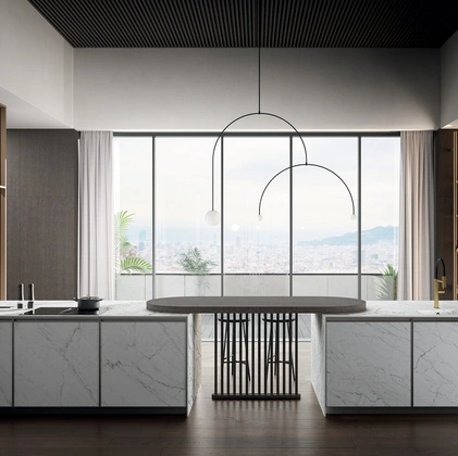 Cucina Moderna in laminam statuarietto con penisola Kronos di Arredo3