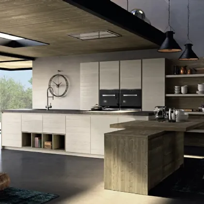 Cucina Moderna in legno di abete grigio con penisola Mood 01 di Fratelli Mirandola