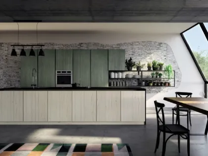 Cucina Moderna lineare New Step 04 con doghe e venature verticali realizzata in abete massello spazzolato a tre strati e laccato opaco liscio di Fratelli Mirandola