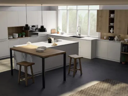 Cucina Moderna angolare con isola e penisola New Time e New Time Gola in legno naturale e laccato bianco di Fratelli Mirandola