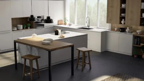 Cucina Moderna angolare con isola e penisola New Time e New Time Gola in legno naturale e laccato bianco di Fratelli Mirandola