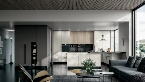Cucina Moderna Round angolare con penisola in laminato Seta Bianco e Roccia con top in Quarzo di Arredo3
