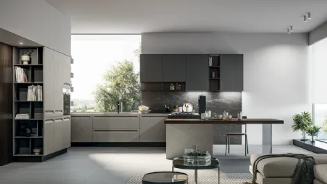 Cucina Moderna angolare in Pet opaco resina polvere, pensili in polimerico opaco lavagna e top in pietra grey con penisola Tekna di Arredo3