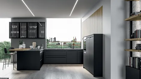Cucina Moderna angolare Tekna in polimerico Nero opaco e laminato Rovere biondo di Arredo3