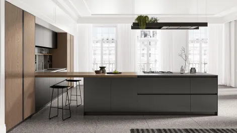 Cucina Moderna angolare in laccato metallizzato ossidato con penisola e colonne in laminato Rovere Safari Time di Arredo3