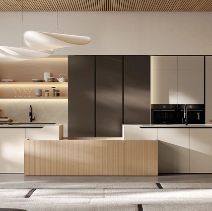 Cucina Moderna in laccato e impiallacciato con isola Time di Arredo3