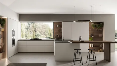 Cucina Moderna angolare laccato opaco Nebbia con penisola in Eucalipto Noce Time di Arredo3